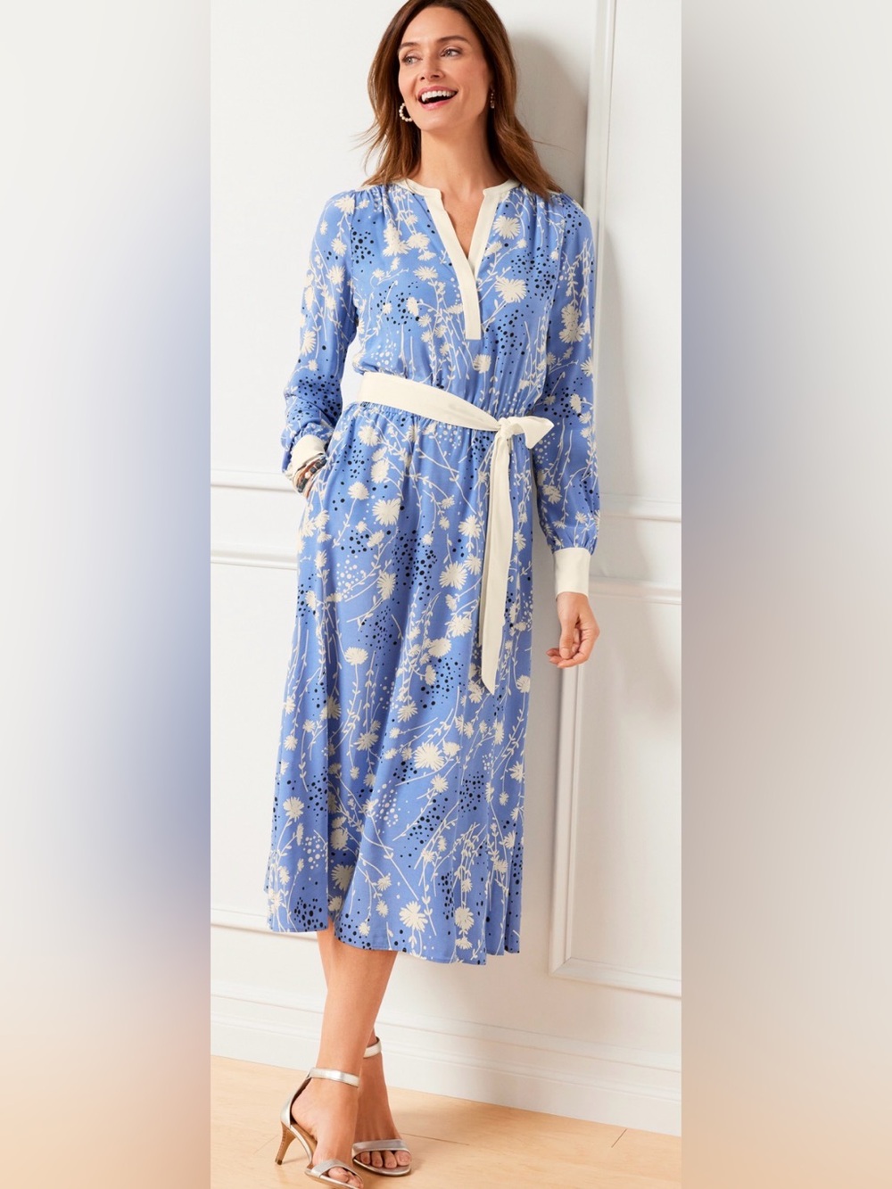 Talbots Belted Fit & Flare Shirtdress Dancing Flowers Size LP Petite